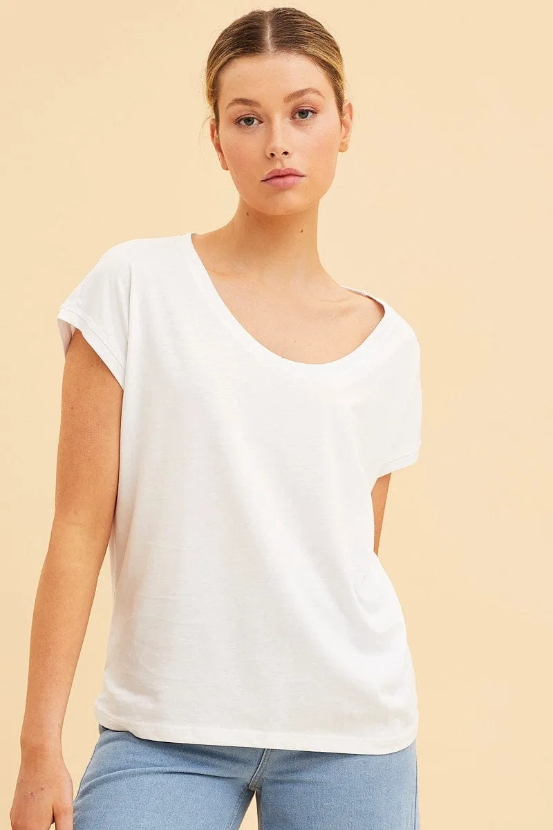 White Relaxed T-Shirt Scoop Neck Drop Shoulder