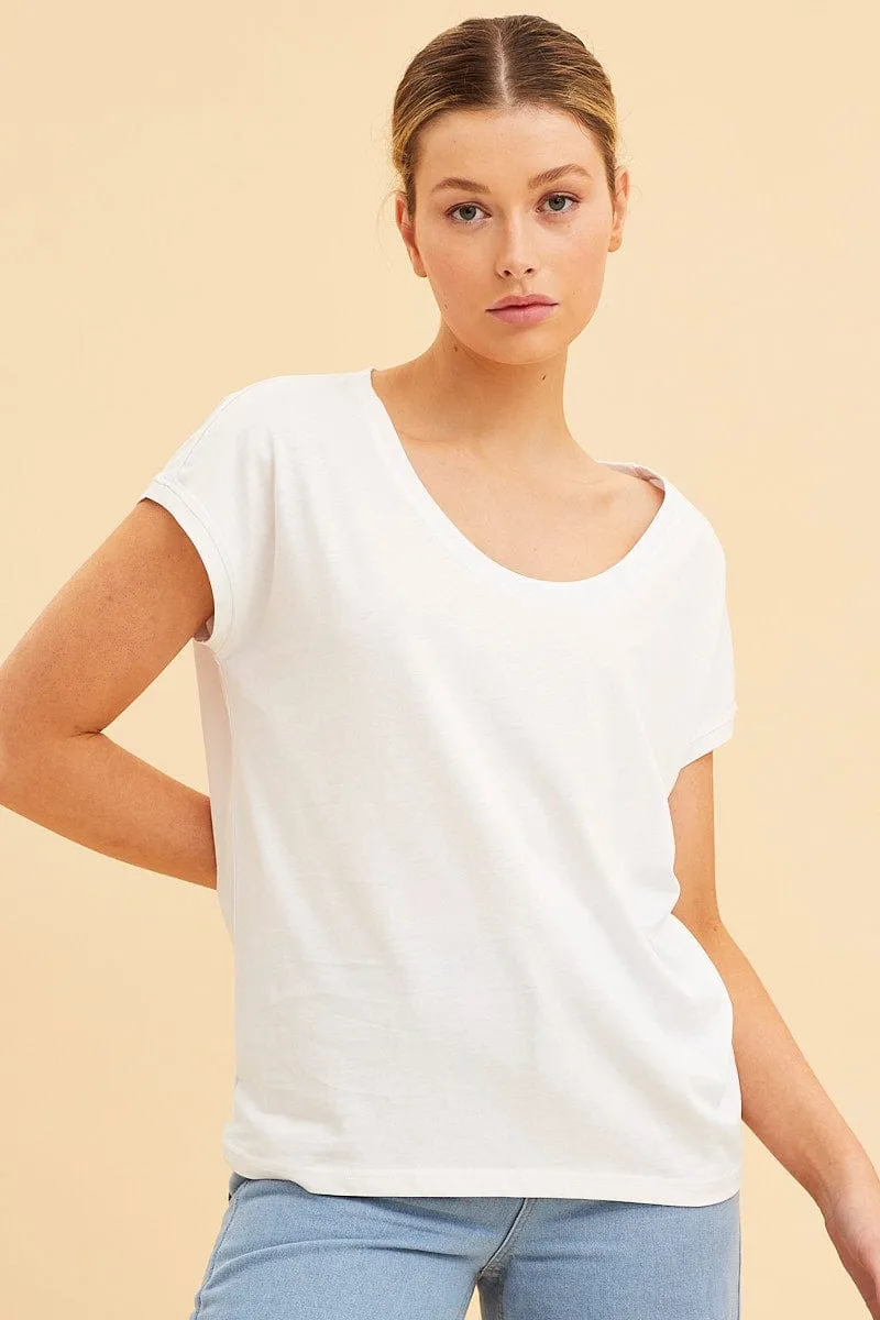 White Relaxed T-Shirt Scoop Neck Drop Shoulder