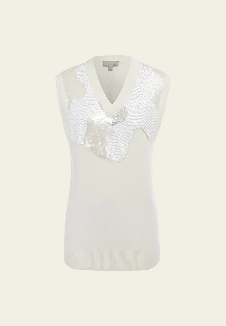 White Sequin Wool Knit Vest